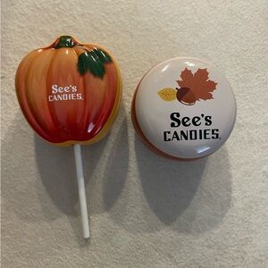 Rare See's Candies Pumpkin and squirrel lollipop cover Tin Set